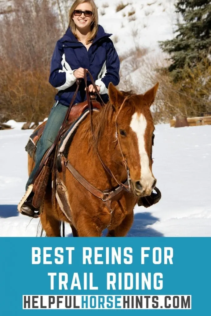 Pinterest pin - best reins for trail riding, woman riding a horse