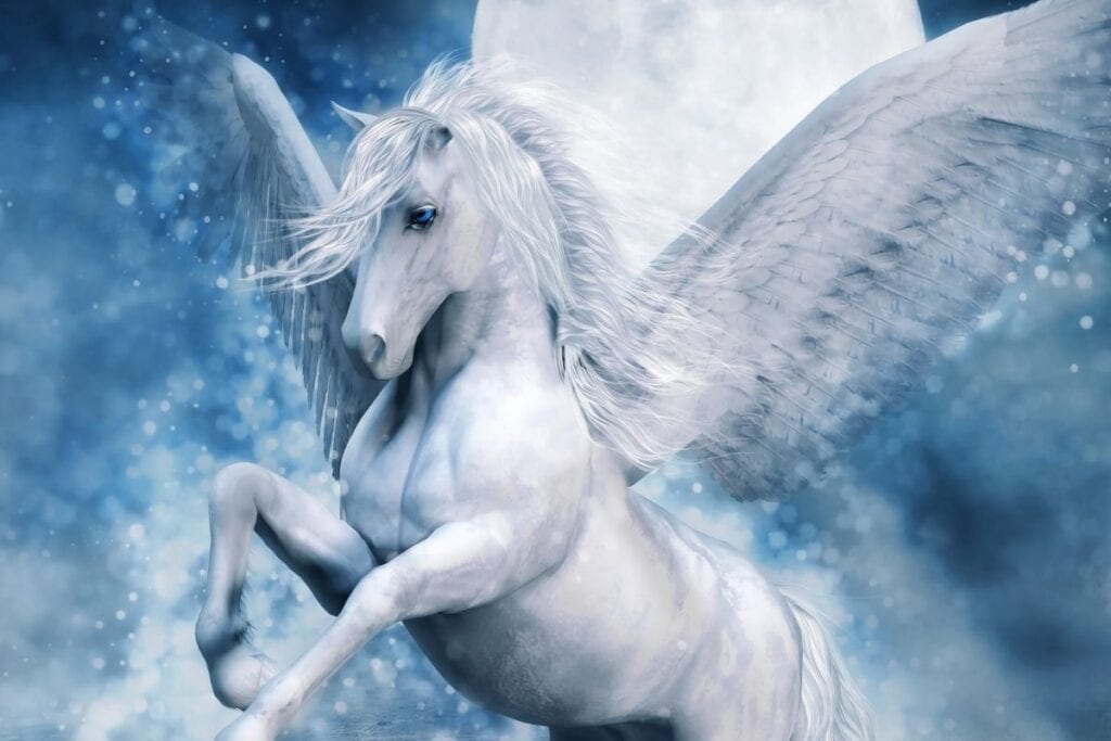 White pegasus on light blue background