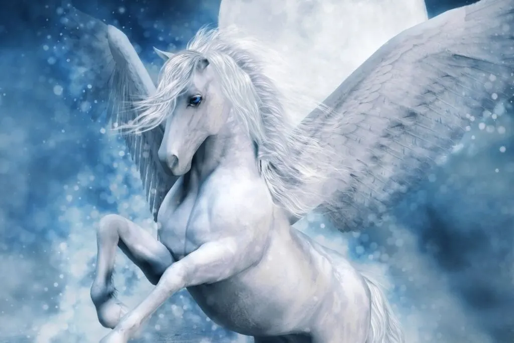 White pegasus on light blue background