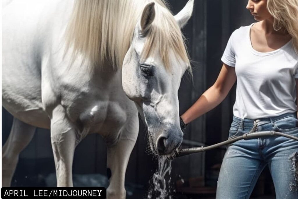 woman bathing white horse